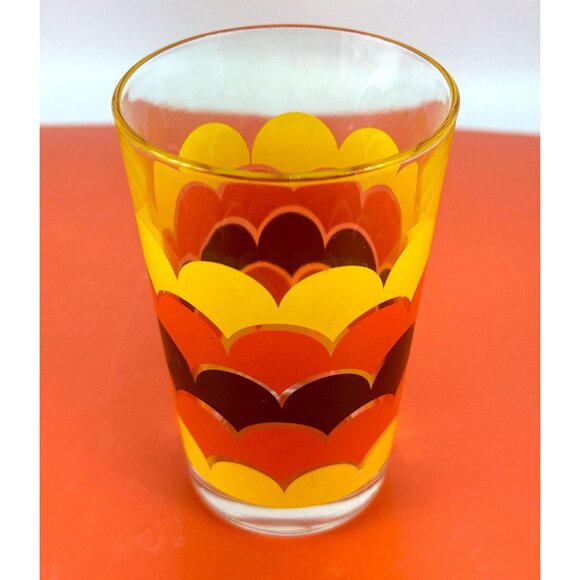 Vintage 70s water glass tumbler, groovy orange yellow brown wave print, Italy - Picture 6 of 8